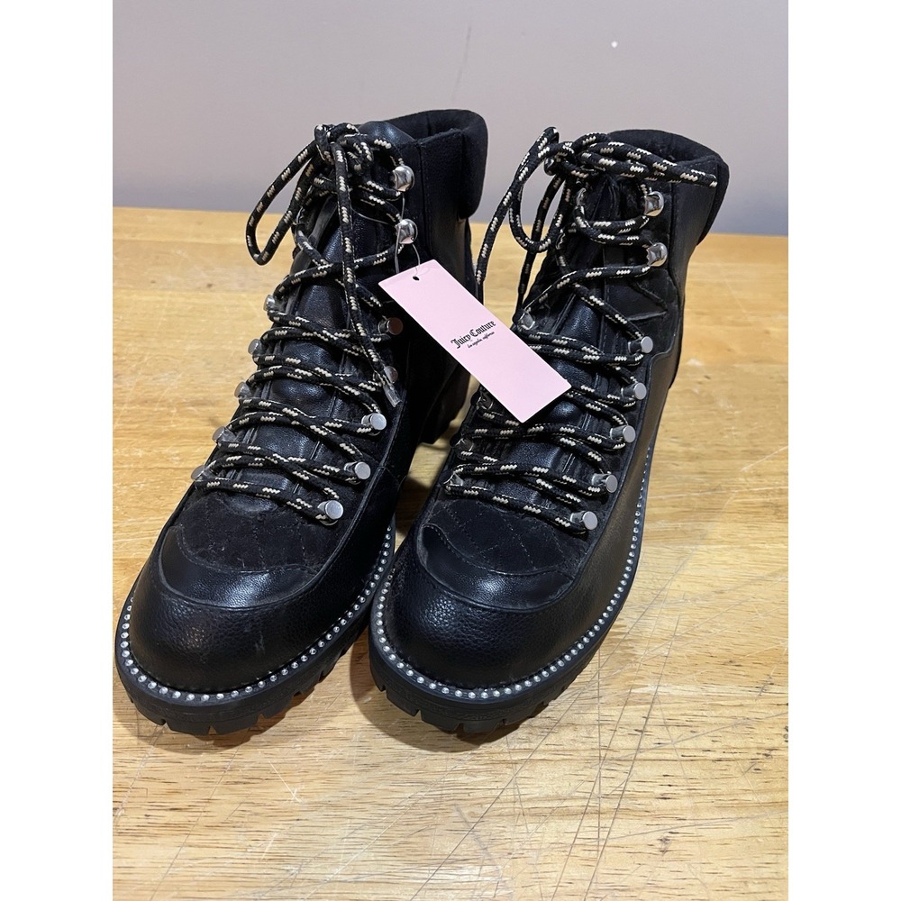 Juicy Couture Y2K Indulgence Hiker Boots Black Pebble Sz 10 Metal 2" Heal
